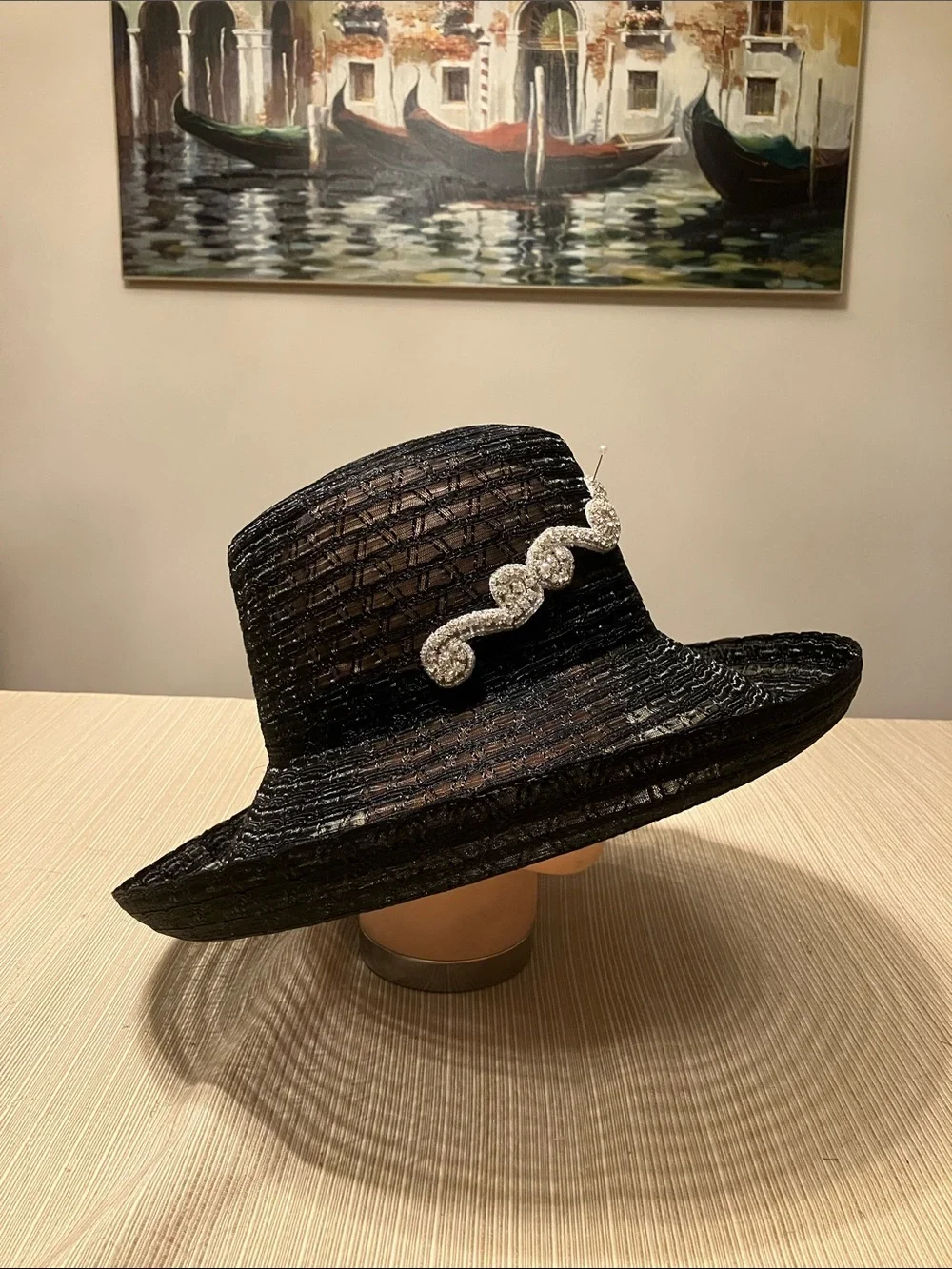 Elegant Black Women's Wide-Brim Hat with Silver Rhinestone Beaded Motif Accents